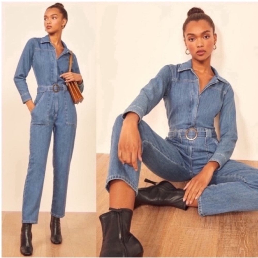 NWT Reformation Rex Denim Belted Boiler Jumpsuit